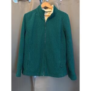 LL Bean Womens Full Zip Turquoise Green Fleece Textured Knit Size L Sherpa Trim